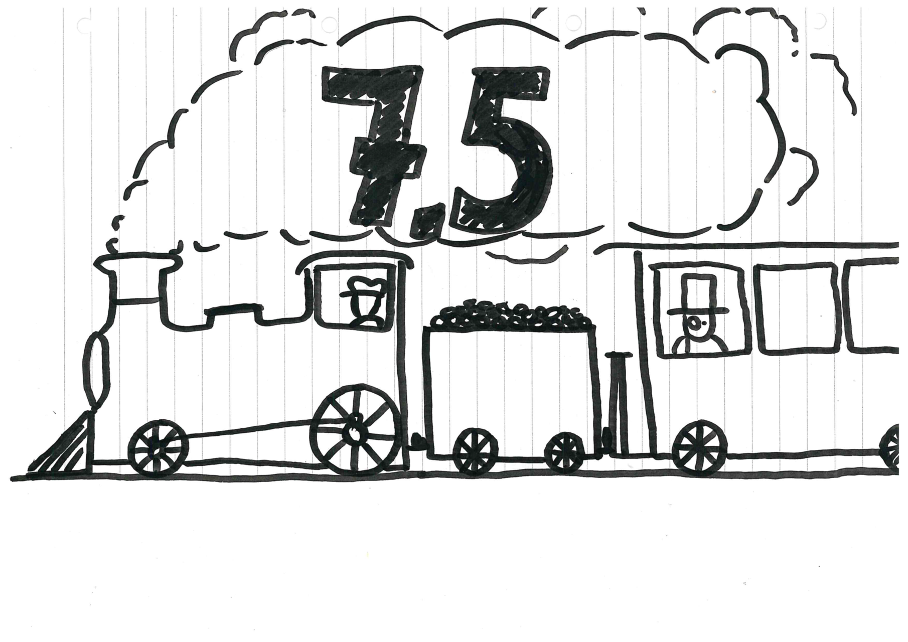 Ein Zug mit Dampflokomotive, in dessen Dampf die Wertung steht. Wertung 7,5