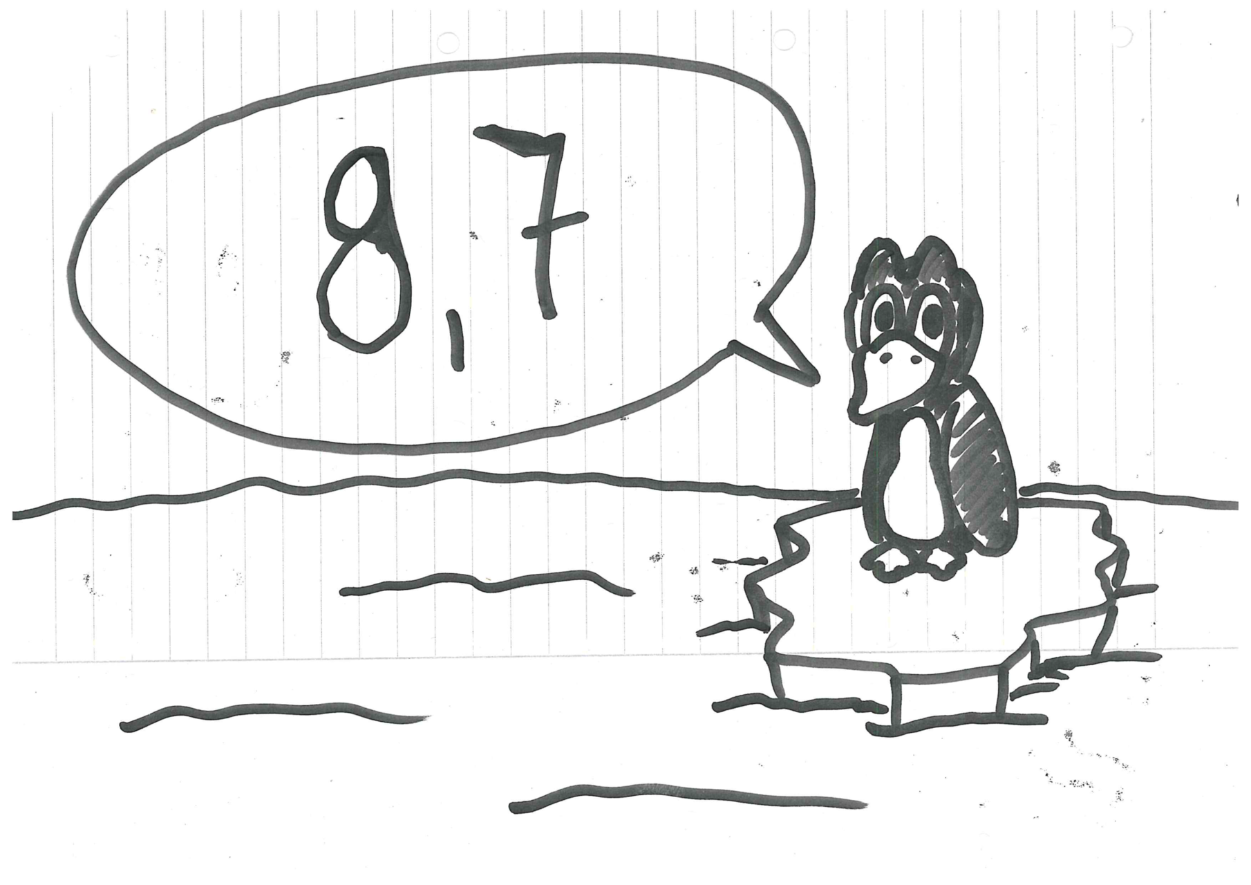 Ein einsamer Pinguin auf einer Eis-Scholle, der die Wertung sagt. Wertung 8,7