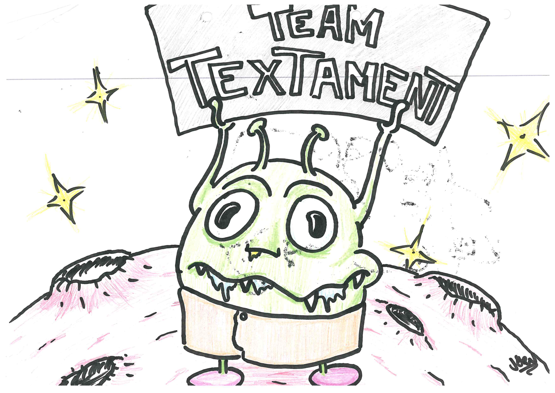 Ein Alien steht auf einem kraterübersäten Gesteinsbrocken im All und hält ein Schild mit der Aufschrift "Team Textament" hoch. Name der Stammjury